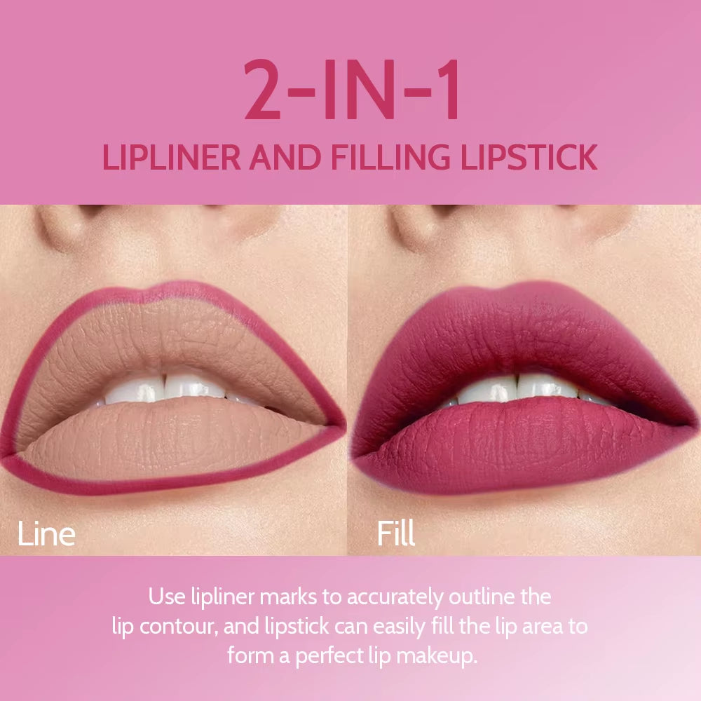 2 in 1 Matte Lipstick Lipliner Pencil 6 Color Christmas Gift Waterproof Lipstick Sexy Red Long Lasting Lipliner Makeup